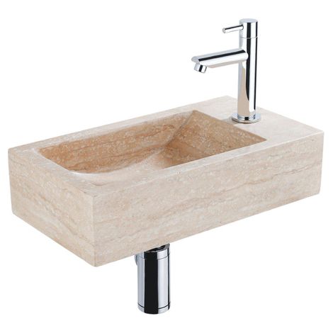 FugaFlow Eccelente Pietra Ensemble de fontaine - 40x22x10cm - trou de robinet à droite - robinet de fontaine chrome - bouchon de vidange - siphon