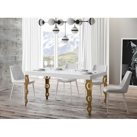 Table rectangulaire extensible orientale 6 à 10 personnes L 130 à 234cm blanc brillant et pieds métal doré Kazay (1/5)