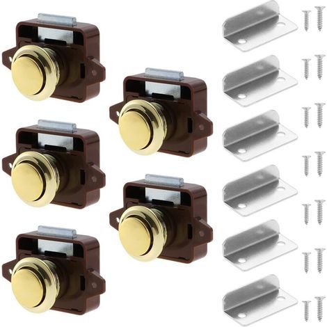 Set di 5 serrature a pulsante, serrature per cassetti e armadi, pomelli per serrature senza chiave per caravan, camper, furgoni, barche, marrone e oro (1/5)