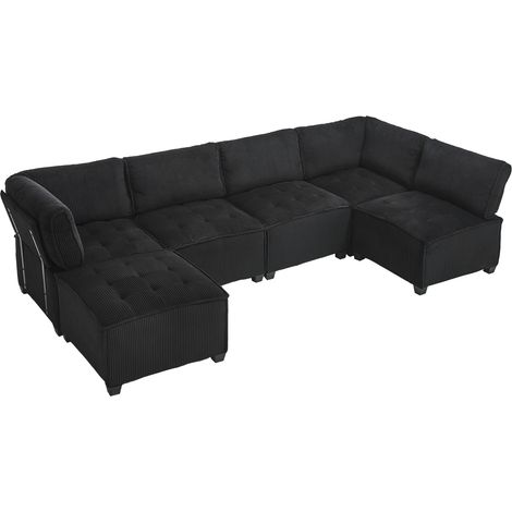 Sofá Modular 6 Plazas en Terciopelo Acanalado con Brazo, Respaldo Ergonómico y Bolsillos Laterales, Negro (1/5)