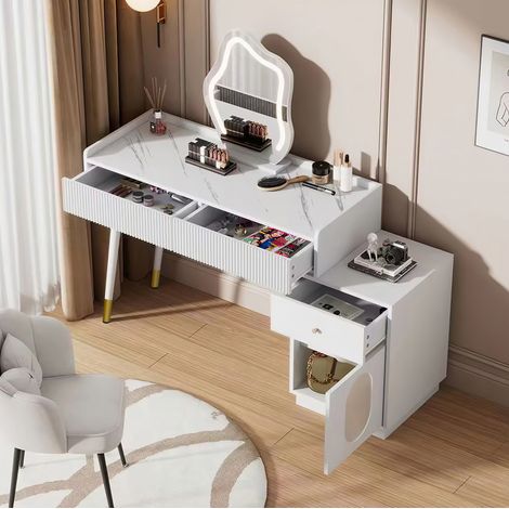 Tocador in pannello truciolare bianco con LED, due cassetti e mobile laterale (1/5)