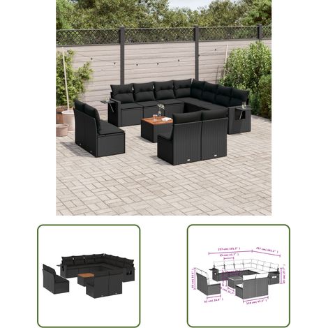 The Living Store Salon de jardin 12 pcs avec coussins noir résine tressée - Ensemble Salon De Jardin - Meuble Extérieur - Jardin - Terrasse - Patio (1/3)
