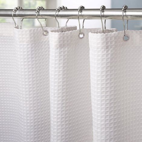 Rideau de douche gaufré blanc 100×180 cm - 6 anneaux métal, polyester imperméable, ourlet lesté (1/5)