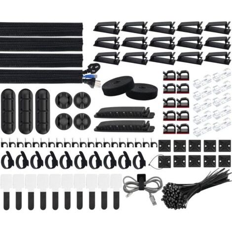 200 Pièces Kit de Gestion des Câbles, 4 Manchon de Câble Gaine, 3 Clips Câble Organisateur Bureau, 10+2 Attache Câble Organisateur Rallonge, 15 Clips Câbles Adhésifs, 100 Serre Câbles (1/5)