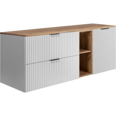 Set da bagno: mobile con cassetti, mobile con ante e ripiano 57×46×140 cm, colore: bianco / rovere Craft, maniglia nera (1/5)