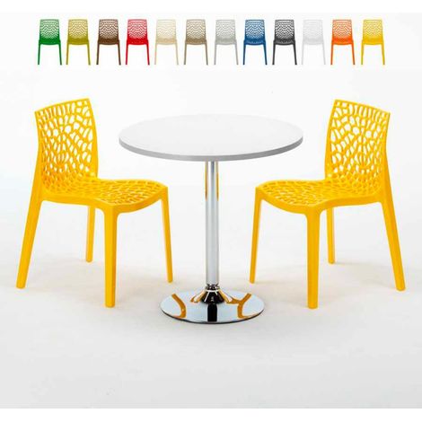 Table Ronde Blanche 70x70cm Avec 2 Chaises Colorées Grand Soleil Set Intérieur Bar Café Gruvyer Long Island - Jaune (1/5)