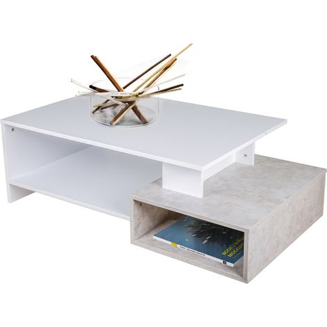 Tavolino Divano Salotto Rettangolare Design Moderno Legno MDF 2 Cassetti Cemento (1/5)