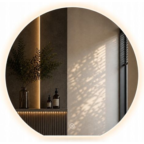 Miroir de salle de bain rond Aura avec bord biseauté, 81 x 90 cm, éclairage LED et tapis chauffant. (1/5)