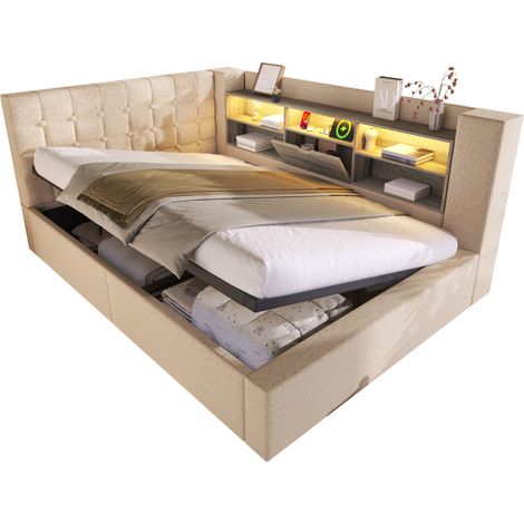 CHICFURN Lit 140x200 cm LED avec rangement, tête de lit L réversible, tissu lin beige, ports USB-A et USB-C, cadre métal, sommier inclus, sans matelas (1/5)