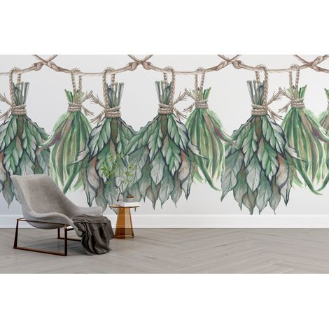 Papier peint boho guirlande dherbes sechees suspendues - 400 x 260 cm (1/2)