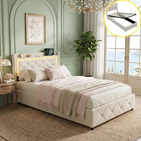 Lit Coffre Simple 90x190 cm Velours Beige avec Rangement - Tête de Lit Diamant avec LED et USB - Sommier Inclus, Style Scandinave