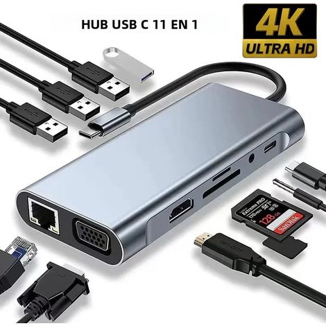 Adaptateur hub USB Type-C (11 en 1) avec lecteur de cartes SD/TF et port RJ45 (1/5)