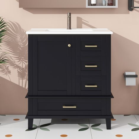 Mueble baño con lavabo cerámico y tres cajones negro OKMYHOME (1/5)