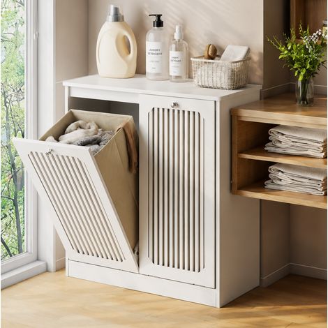 Meuble à linge 66x35x76 cm en MDF blanc, gain de place pour salle de bain FLORAGRACE (1/5)