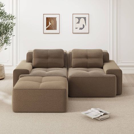 Canapé modulaire d’angle en l sans accoudoirs, assise profonde en velours côtelé avec ottoman et têtière (1/5)