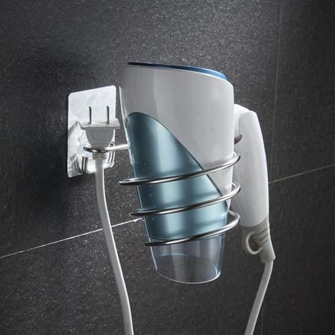 1 x Support Sèche-cheveux Mural en Aluminium, Sans Perçage, Rangement Salle de Bain Argent Brossé (1/4)