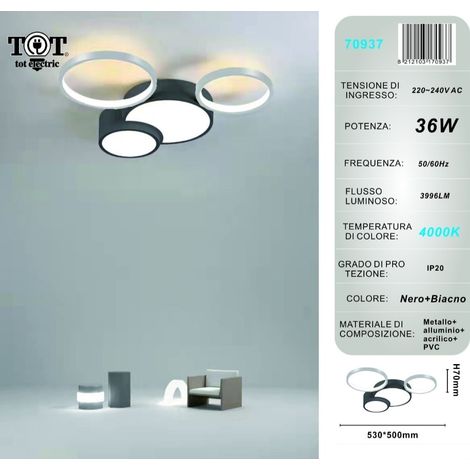 Plafoniera led 36w 4 cerchi argento nero lampada da soffitto design moderno luce per camera soggiorno cucina Naturale