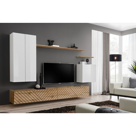 Ensemble de 7 meubles muraux "Switch II " pour TV en bois - Blanc et Beige - L 270 x H 160 x P 40 cm - Livraison gratuite