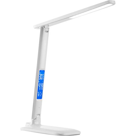 10-W-LED-Schreibtischlampe mit kabelloser Ladefunktion, Leselampe, Augenschutz, Uhr, Kalender, Temperaturanzeige, Wecker, Weiß, integriertes Ladegerät (1/5)