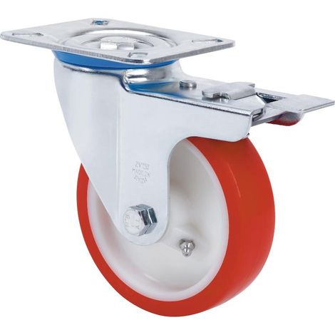 rueda giratora placa freno 10zvfd100-po nylon blanco-poliur.rojo eje liso (1/2)