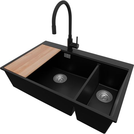 PRIMAGRAN Evier Cuisine en Granit 78x50cm, Lavabo 2 bacs + Robinet 40x38cm + Kit de Vidage + Accessoire, Évier à Encastrer au meuble 80cm - Oslo Duo, Noir (1/5)