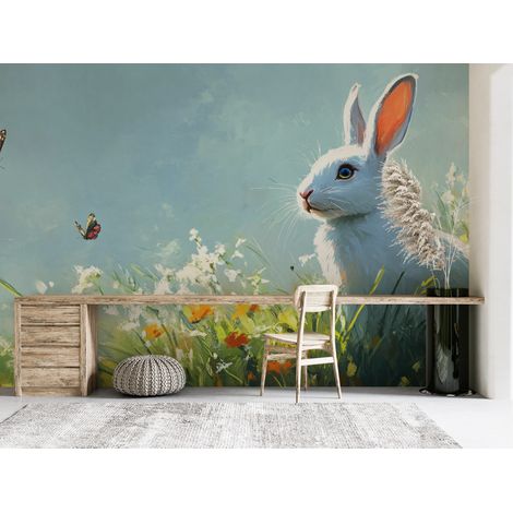 Papier peint animaux - petit lapin blanc dans un champ fleuri - 150 x 250 cm (1/2)