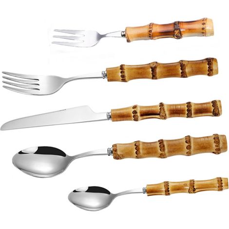 Couverts en acier inoxydable avec poignée en bambou - Pour cuisine - Coupe-couverts - Fourchette réutilisable - Couverts occidentaux durables - Ustensiles de cuisine - Couverts ménagers (1/5)