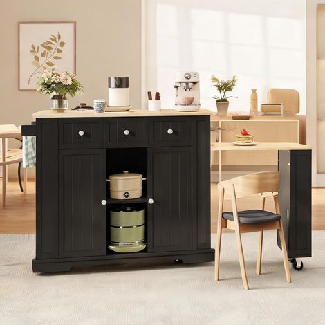 Îlot de cuisine mobile en MDF noir et bois naturel avec table (1/5)
