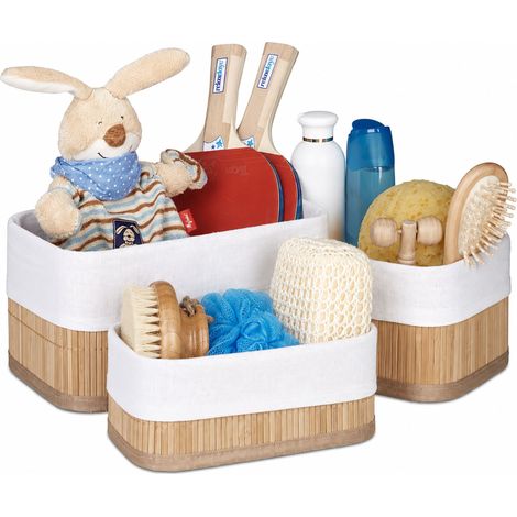 Relaxdays Storage Basket 2 Sets of 3, Fabric Lining, Bamboo, Rectangular, Bathroom & Bedroom Accessories, Toys, Natural (1/5)