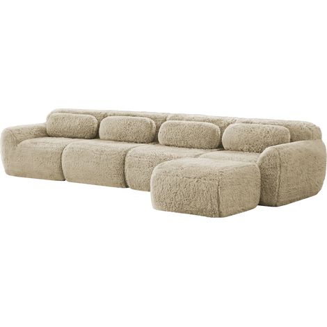 Canapé en L 4 places, combinaison modulaire multiple, sans montage, tissu peluche premium, avec coussin. Design chaise longue, mousse haute élasticité, adapté au salon et à la chambre, kaki clair