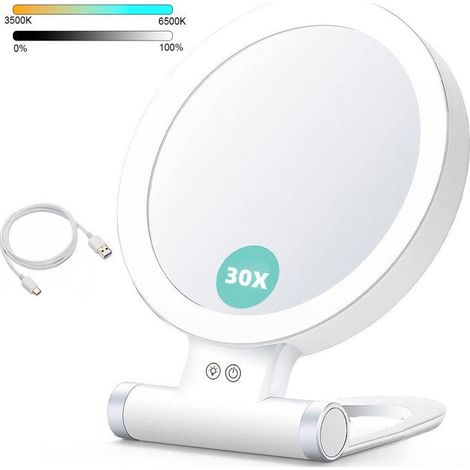 Miroir de maquillage, miroir grossissant pliable double face LED 1x/30x, lumière tricolore, portable et élégant. (1/5)