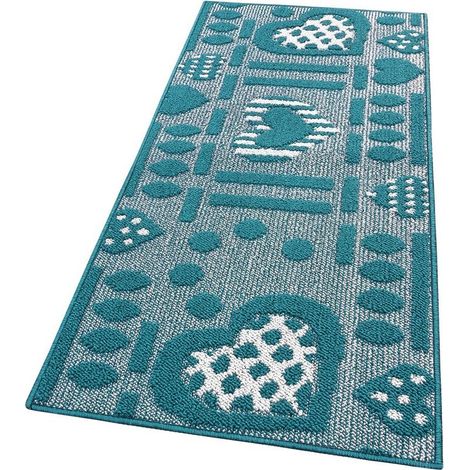 Tapis de Cuisine Moderne Coureur Bordé Absorbant Antidérapant Lavable 3D Coeurs Bleu - 50x110 cm (1/4)