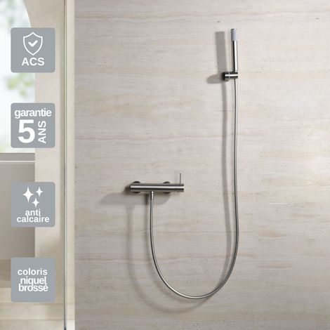 Mitigeur Douche niquel brossé Pommeau Anti-Calcaire - Design Moderne et Économie d'eau - Kit Complet MONZA IMEX (1/3)