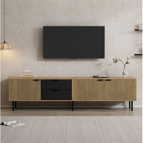 TV-Lowboard 208x40x48 cm schwarz/natur aus Spanplatte mit 2 Schubladen, 3 Türen und Kabelmanagement (1/5)