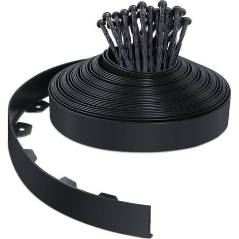20-meter-long, flexible plastic lawn edging with 40 fixing stakes, lawn border with sturdy stakes, garden idea, 50 mm high, black (1/5)