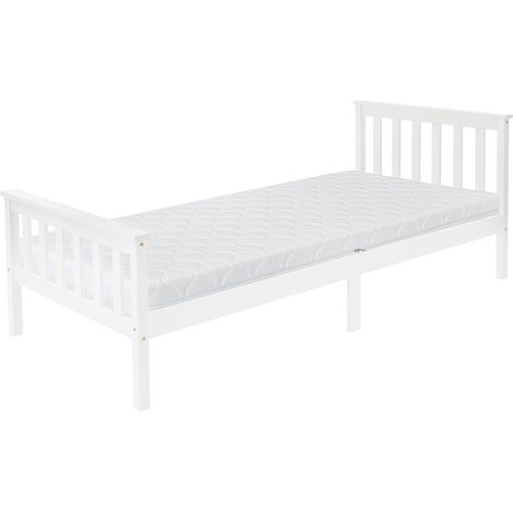 ML-Design Letto Singolo in Legno di Pino Massiccio 90 x 200 cm Bianco, con Telaio Rete a Doghe Testiera e Pediera, Lettino per Ragazzi, Giroletto con Materasso da 16 cm in Schiuma Fredda per Adulti