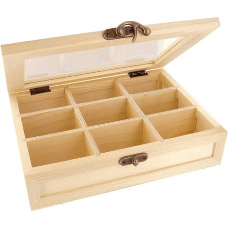 MégaCréa DIY - Boite à thé/tisane en bois 9 compartiments 21,5 x 18 H 4,6 cm