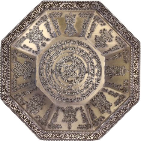 Achteckige Feuerschale mit buddhistischen Symbolen, Feuerschale für Rituale, türkisfarbenes buddhistisches Accessoire (1/5)