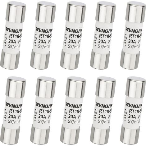 Lot de 10 Fusibles Cylindriques en Céramique 14x51 mm - Type gG (Usage Général) - 20A 500V - Haute Capacité de Rupture 100kA - Protection pour Installations Industrielles et Tertiaires (1/5)