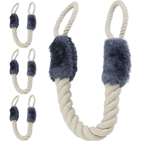 4 x Türkordel Klemmschutz, Türstopper Klinke, Baby Türsicherung, weich, Baumwolle, 57 cm, Türseile, beige/blaugrau