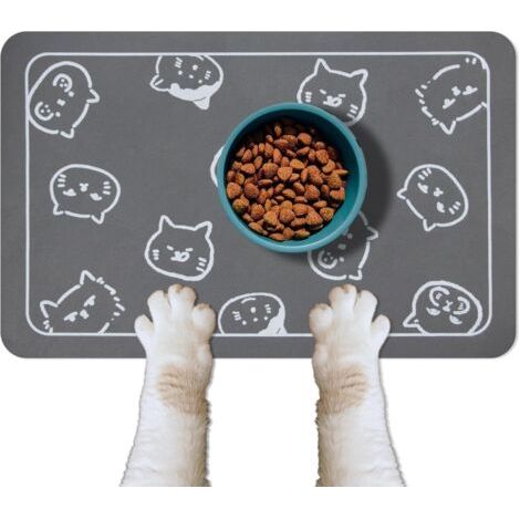 Ede Lot de 2 tapis de gamelle pour animaux de compagnie, antidérapants et super absorbants, avec plusieurs logos de têtes de chat, 45 x 30 cm, gris foncé (1/5)