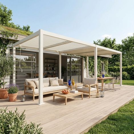 Pergola bioclimatique beige. aluminium et acier. 3x6m. lames orientables