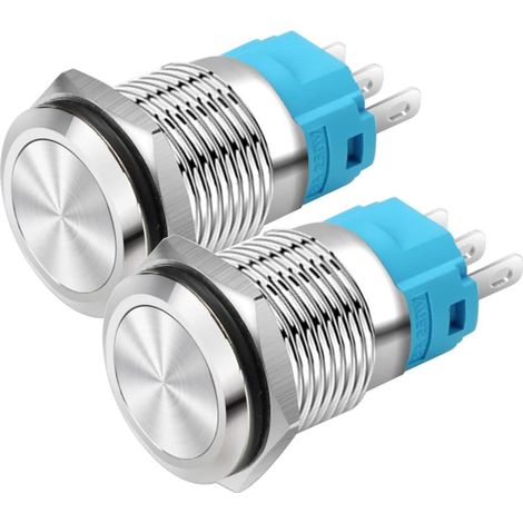 16mm Tête Plate SPDT Bouton-Poussoir de Verrouillage Étanche, Interrupteur à Bouton-Poussoir en Métal en Acier Inoxydable, Bornes à Souder DC 6V/12V/36V/48VAC 110V/230V 2A 1NO+1NC (1/4)