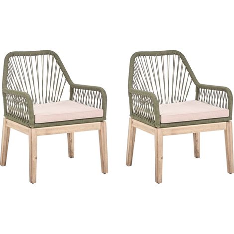 Set of 2 Outdoor Garden Dining Chairs Beige Olive Green Polypropylene Frame Acacia Wood Legs Polyester Cushions Modern Design Removable Covers Rope Weave OLBIA