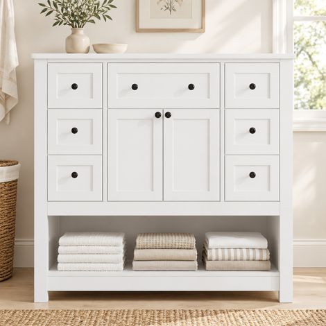 Meuble vasque sur pied 91,5 x 46,5 x 90 cm en MDF et céramique, blanc, REDOM (1/5)