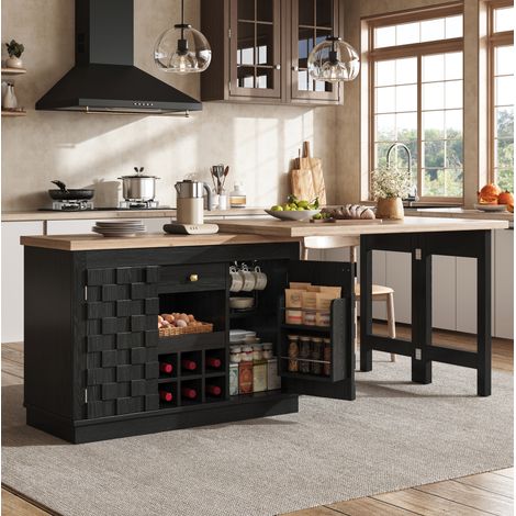 Îlot de cuisine 120-197x40x74,2 cm en MDF noir avec rangement, pour petite cuisine – MEUBLIV (1/5)