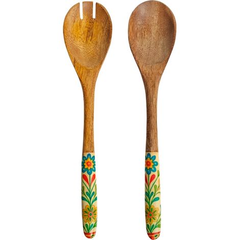 Posate da insalata in legno cucchiaio e forchetta a fiori 33 cm (1/5)