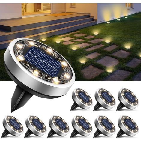 Lot de 10 Lampe Solaire Au Sol, 8 LED Jardin Exterieur Solaire Etanche IP65 Lumiere Solaire, Spot Solaire Extérieur pour Chemins Pelouse Terrasse Allée Cour Piscine, Blanc Chaud (1/5)