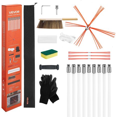 VEVOR Kit Spazzacamino Estensibile Fino a 9 m, Kit per la Pulizia dei Camini con Setole di Ricambio e Occhiali Protettivi, Strumento per la Pulizia del Camino Pieghevole a 90°, per Camini Quadrati (1/5)
