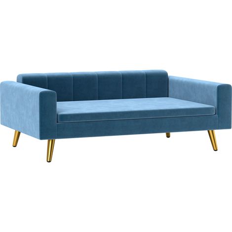 Canapé chien lit scandinave coussin douillet pieds métal doré 94x59,5x31,5cm velours bleu soyeux (1/5)